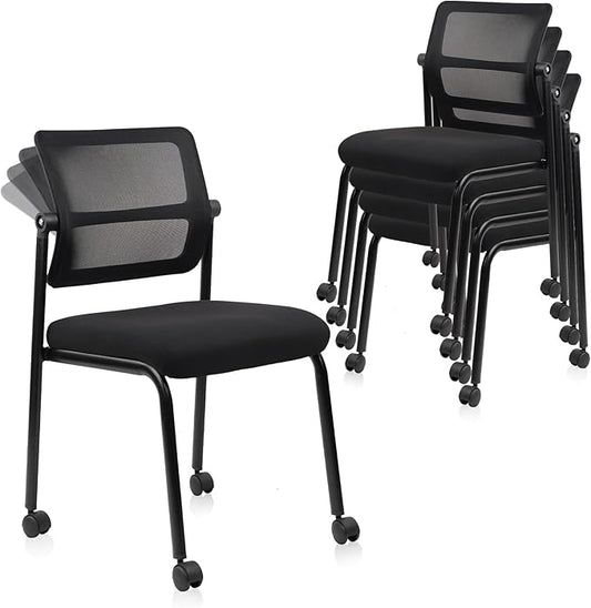 CLATINA Stacking Armless Office Waiting Room Chair with Wheels, Stackable Mesh Guest Reception Desk Chairs with Adjustable Backrest for Conference Lobby Side School, Black, 4 Pack