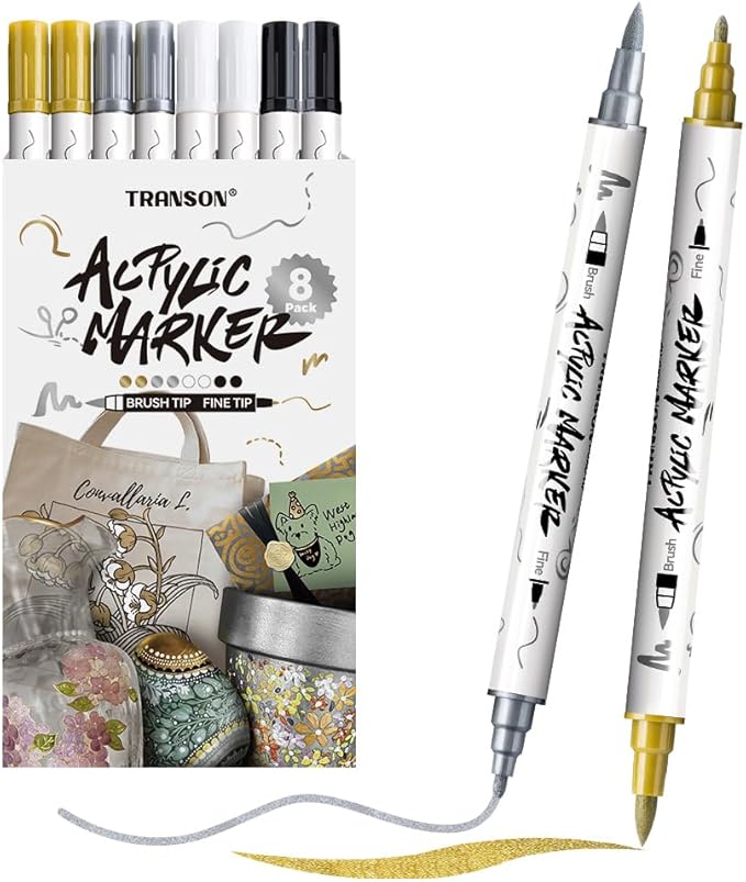 TRANSON 2 Gold, 2 Silver, 2 Black and 2 White Paint Markers Brush and Fine Dual-tip Acrylic Paint Marker Set for Rock Painting Glass Canvas Wood Leather Ceramic Painting