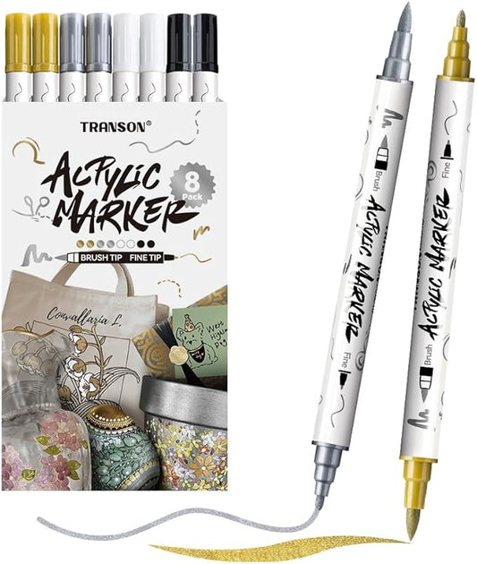 TRANSON 2 Gold, 2 Silver, 2 Black and 2 White Paint Markers Brush and Fine Dual-tip Acrylic Paint Marker Set for Rock Painting Glass Canvas Wood Leather Ceramic Painting