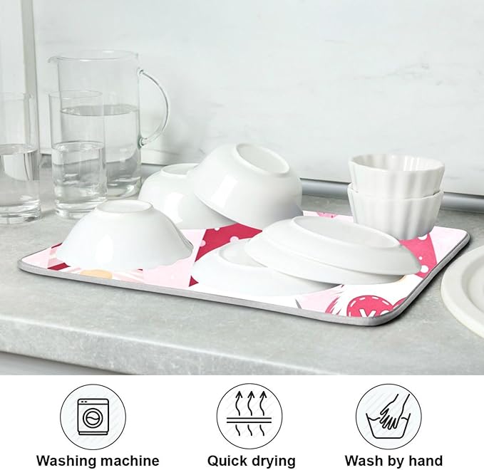 Happy Valentine Hearts Gnomes Dish Drying Mat 16 X 18 In Red Love Absorbent Microfiber Dry Dishes Pads Tableware Mats Protector for Kitchen Countertops Counter Home Decorations