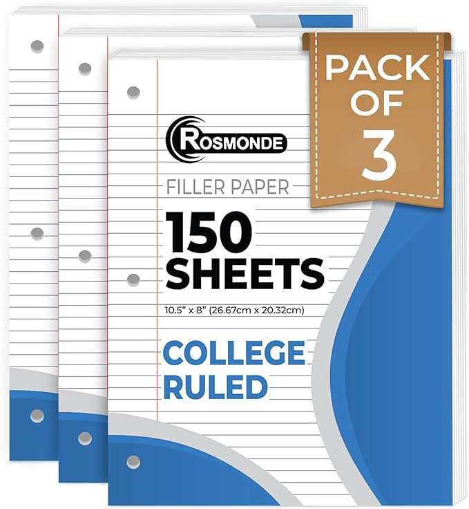 Loose Leaf Paper, 450 Sheets, 3 Pack, College Ruled Paper, 8" x 10.5", Bulk Office Filler Paper, 3 Hole Punched, 150 Sheets/Pack, 56 gsm Paper, College Ruled Notebook Paper for Binder, White