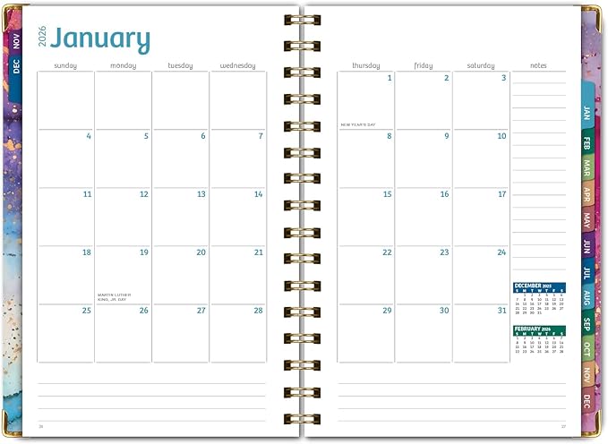HARDCOVER 2026 Planner, 5.5"x8": 14 Months (November 2025 - December 2026), Daily Weekly Monthly Planner, Yearly Agenda, Bookmark, Pocket Folder and Sticky Note Set (Rainbow Gold Marble)