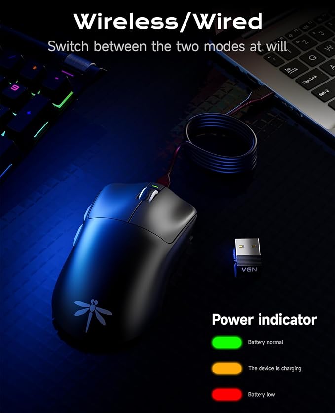 VGN F1 Pro Max Lightspeed Wireless Gaming Mouse with Dual-Mode 2.4G/Type-C Wired - 25K Sensor - 26,000 DPI - 55g Lightweight - 6 Programmable Buttons - Up to 200h Battery Life for PC/Mac- Black