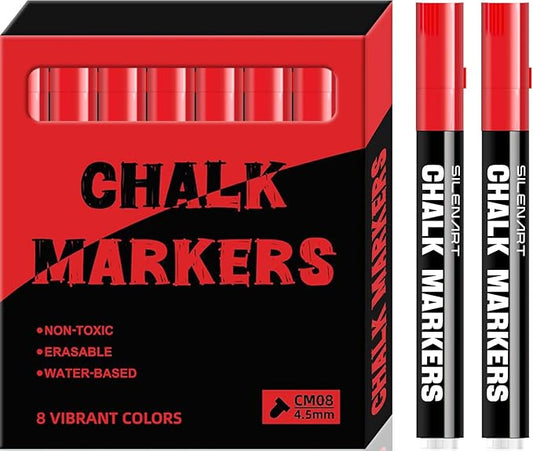 SILENART Chalk Markers - Vibrant 8 Pack - Dry Erase Markers Pen - Liquid Chalk Markers for Blackboard Chalk Board Windows Glass Acrylic Calendar Board - Erasable Chalk Marker (Red)