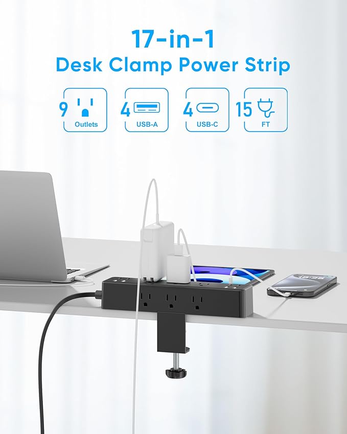 Flat Plug Desk Clamp Power Strip 15FT, 40W Total Fast Charging Station, Dual PD 20W USB C Ports, Desk Edge Mount Power Strip 9 AC Outlets 8 USB Ports(4 USB C) Surge Protector, Fit 1.7" Tabletop Edge