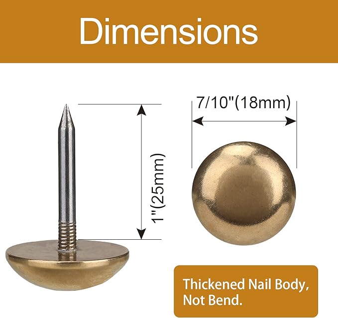 Retro Solid Pure Brass Tacks as Antique Upholstery Nails for Furniture, Decorative Push Pins for Wood,Carpet Tacks,Hardware Nails,Cap Nails,Thumb Tacks,Brass Fasteners(7/10",18mm Gold Color,10 Pcs)