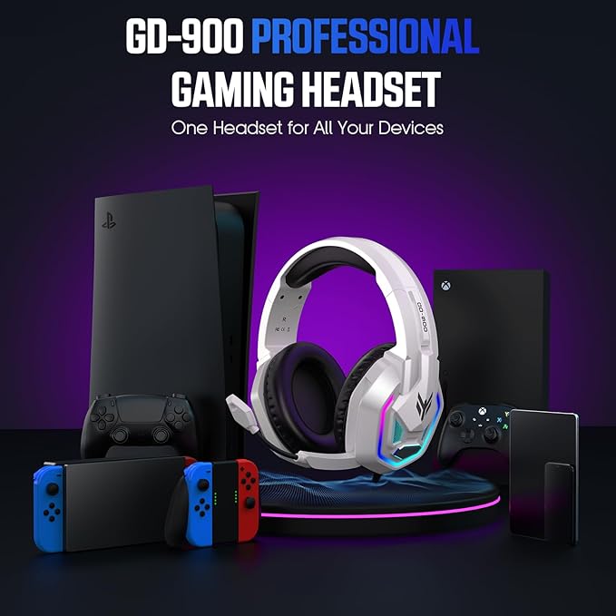 Gaming Headset for PS5, PS4, Xbox Series X|S, Xbox One, PC, Switch, Mac - RGB Over-Ear Headphones with 7.1 Surround Sound, Noise Cancelling Mic, 50mm Drivers & Memory Earmuffs for Nintendo 64