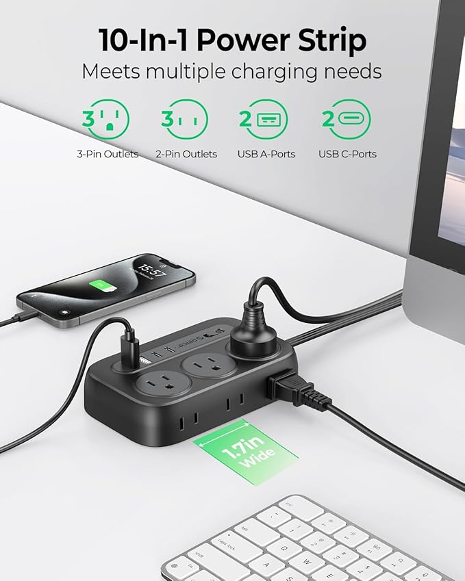 ORICO Surge Protector Power Strip, Multiple Outlets Extension Cord with 6 AC Outlets 2 USB-A and 2 USB-C Ports, 10 ft Long Flat Plug Power Strip, Mountable Outlet Extender for Dorm/Office/Home- OG