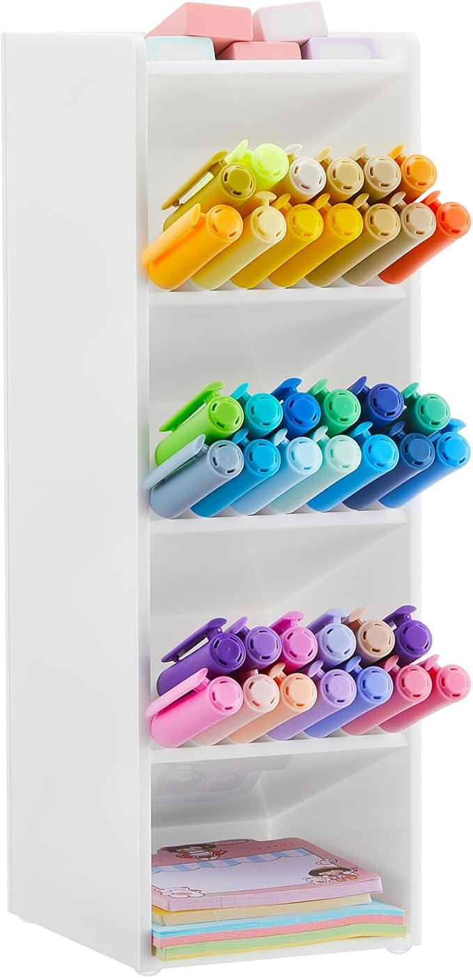 Acrylic Pen Organizer Storage for 50 Markers Vertical Marker Organizer Acrylic Pen Display Holder for Office Desk Desktop Stationery Pencil Storage, White, 3.4 x 4 x 10.2 Inch