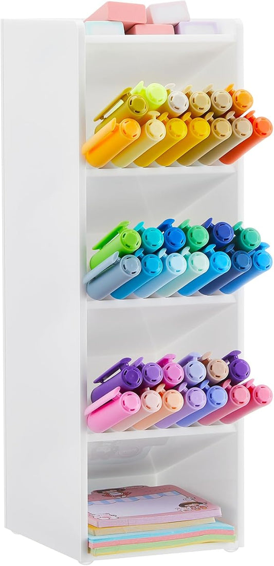 Acrylic Pen Organizer Storage for 50 Markers Vertical Marker Organizer Acrylic Pen Display Holder for Office Desk Desktop Stationery Pencil Storage, White, 3.4 x 4 x 10.2 Inch