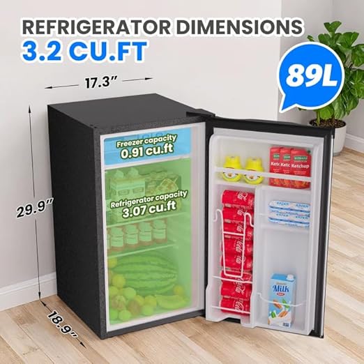 3.2 Cu.Ft Mini Fridge with Freezer, Single Door Compact Refrigerator, Energy Saving, Small Fridge Adjustable Thermostat Control, Mini fridge for Bedroom, Dorm, Office, Silver