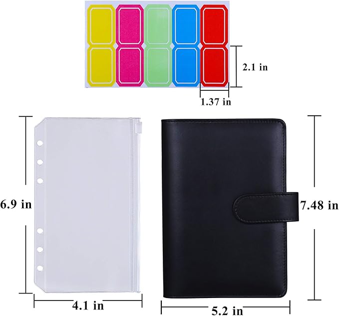 Antner A6 Budget Binder with Zipper Cash Envelopes for Money Organizer & Budgeting, PU Leather Budget Planner Money Saving Binder with Cash Stuffing Envelopes & Labels for Home Office Travel, Black