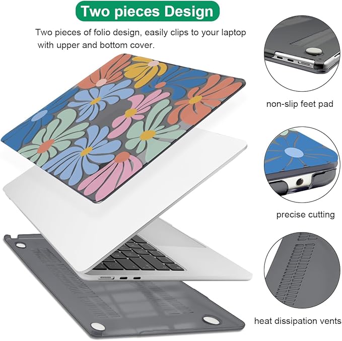 for MacBook Air 13.6 Inch Case 2025 2024 2023 2022 Release Model M4 A3240 M3 A3113 A2681 M2, Pattern Plastic Hard Shell Cover for Mac Air 13 M4 Liquid Retina Display, Colorful Flowers Black