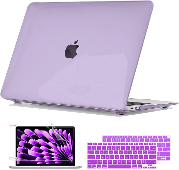Compatible with MacBook Air 13 inch Case 2021 2020 2019 2018 M1 Chip A1932 A2179 A2337, Plastic Hard Shell Case Keyboard Cover Screen Film Dust Plug for MacBook Air 13 M1, Crystal Purple