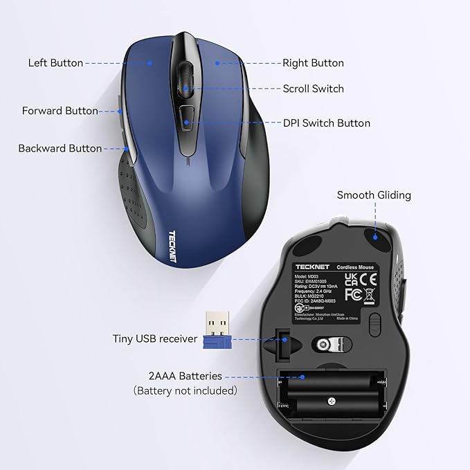 TECKNET Wireless Mouse for Laptop, Silent Mouse Quiet Click, Computer Mice Wireless, 6 Adjustable 4000 DPI Computer Mice - Blue