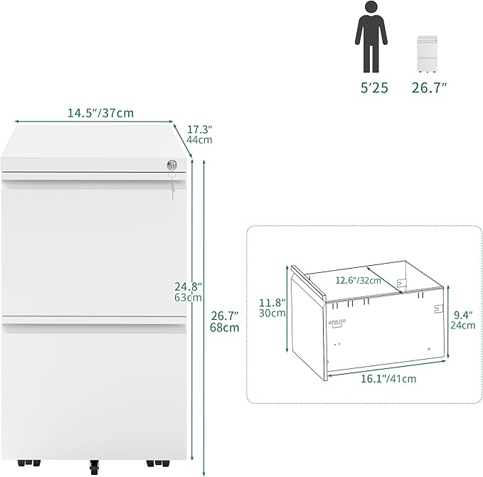 YITAHOME 2 Drawer File Cabinet with Lock, Mobile Metal Filing Cabinet for Letters/Legal/A4 Size, Home Office & Business Enterprise, Fully Assembled Except Wheels, White
