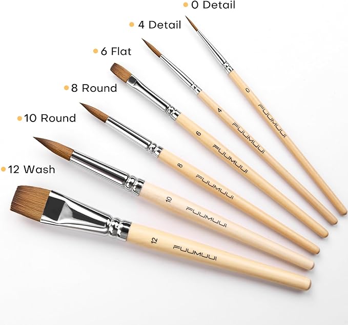 Sable Travel Watercolor Brushes, Fuumuui 6pcs Kolinsky Sable Watercolor Travel Brushes with Short Handles - Detail Liner Pointed Round Flat Wash Mop for Watercolor Gouache Ink Painting