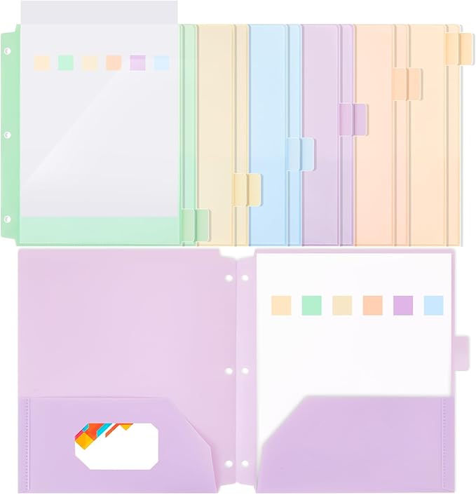 Honoson 12 Pcs Plastic Folders with Clear Front Pocket 3 Hole Punched Folders for 3 Ring Binder 1/6 Cut Tabs for Office Classroom (Macaron Colors)