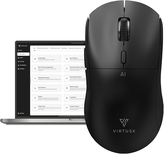 Virtusx AI Mouse, Jethro V1 – AI Voice & Audio Recorder, Note Taking Mouse for Computer & Laptop with Centralized AI Software, AI Writing Tools, Voice Typing, Transcribe, Translate & Summarize