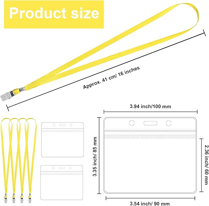100 Pcs Lanyards for ID Badges and 100 Pcs Clear Name Tag Holders Reusable Lanyard with Clip Plastic ID Card Badge Holder Name Badges for Adults Kids Business School Office Supplies (Yellow)