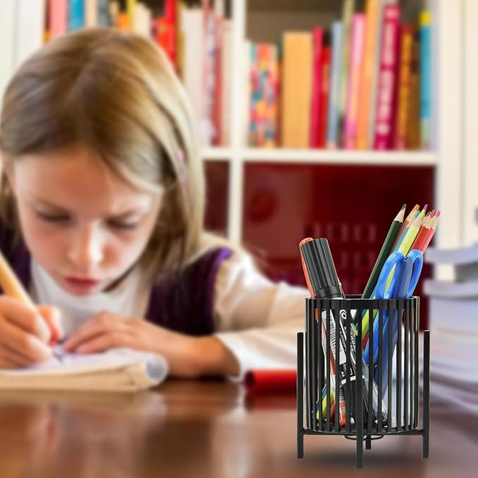 Black Pen Holder Cup for Desk, Black Metal Pencil Holder, Premium Metal Pen Cup Pencil Holder Marker Holder, Desk Accessories Organizer for Home & Office