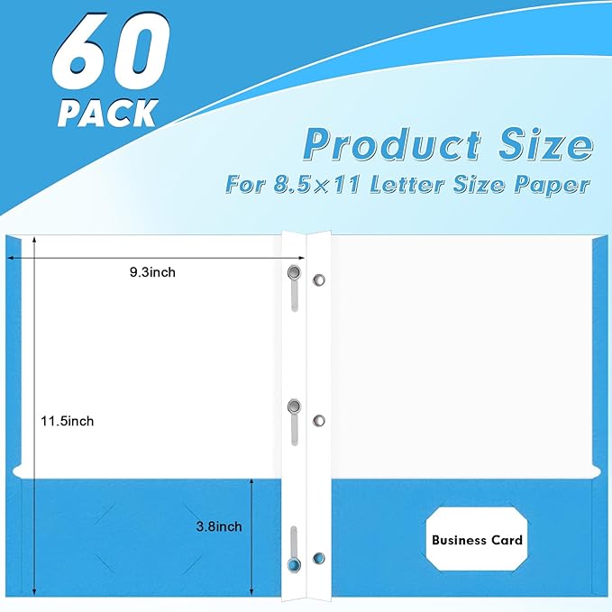 Two Pocket Folders, PANDRI 60 Pack Two Pocket Folders with Prongs, 3 Prong Folders Designed for Office and Classroom, Letter Size Lightblue