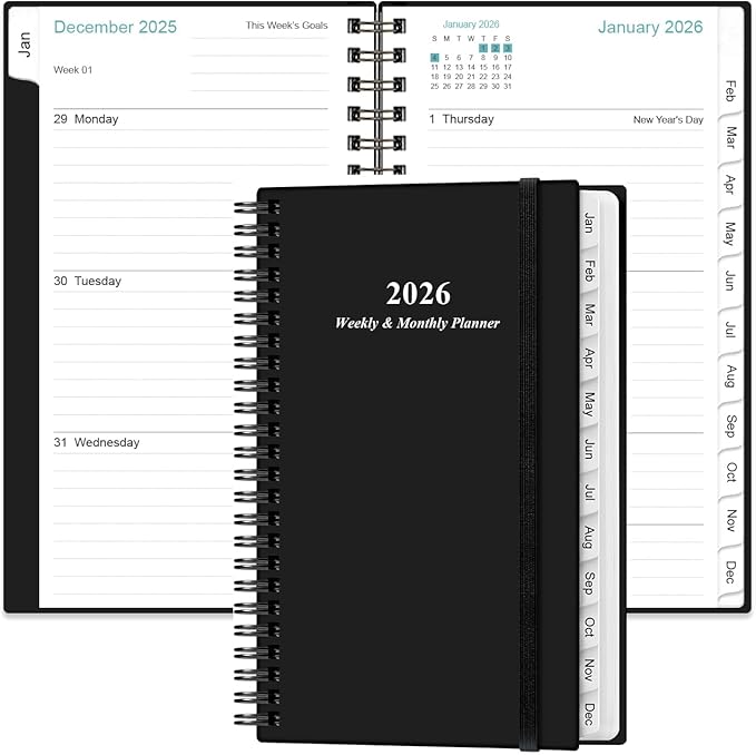 2026 Pocket Planner/Calendar - 2026 Planner from January 2026 - December 2026, Planner 2025 with 12 Tabs, Twin-Wire Binding, Inner Pocket, 3.75" x 6.75, Black