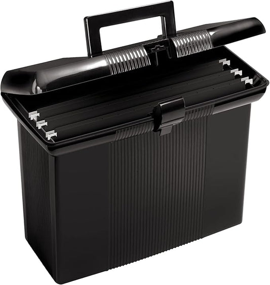 Pendaflex Portable File Box with File Rails, Hinged Lid with Double Latch Closure, Black, 3 Black Letter Size Hanging Folders Included (41732AMZ)