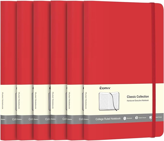 Comix 6 Pack Lined Journal Notebooks for Work, 240 Pages, 5.5"x8.3", Red, Hardcover, A5 Medium College Ruled, Journaling Notebooks for Notes-taking, Fits for Office School Home