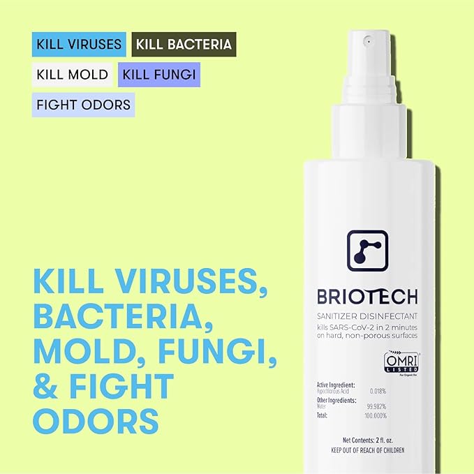 BRIOTECH Sanitizer Disinfectant Hypochlorous Spray, Kill 99.99% of Viruses & Bacteria, Control Mold, Eliminate Odor, Gentle for Nursery & Play Rooms, Food Contact Surface Sanitizer, 32 fl oz (12 Pack)