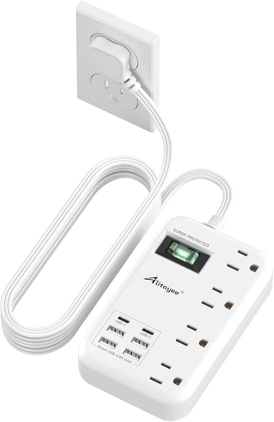 Alitayee 6 USB(2 USB C) Surge Protector Power Strip- Travel Power Strip with 24W USB Charging Station and 4 Extendable Outlet Extender, 6Ft Flat Extension Cord with Wall Mounted for Travel Home Dorm