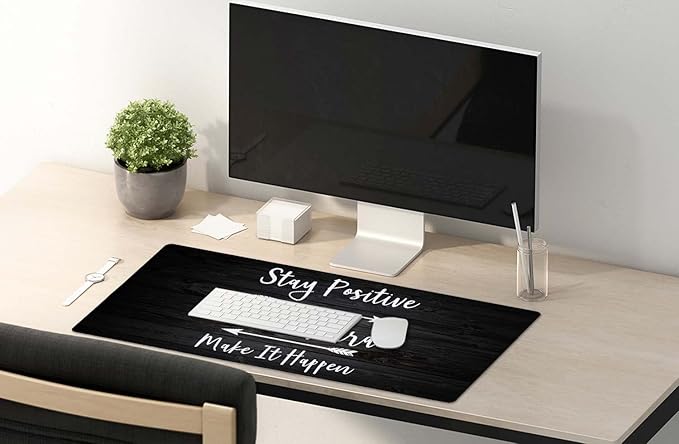 Extended Gaming Mouse Pad (35.5x15.7 in), Stay Positive Work Hard and Make It Happen Inspirational Quotes Art Rustic Black Old Wood White Quote Large Stable Rubber Base Mousepad with Stitched Edges