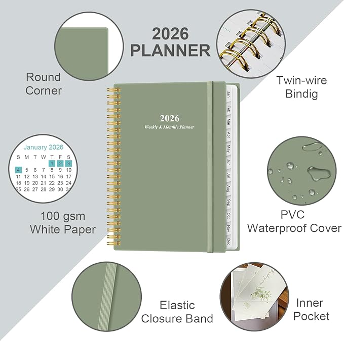 2026 Planner - Planner 2026 from January 2026 - December 2026, Weekly & Monthly Planners Spiral Bound with 12 Monthly Tabs, Inner Pocket, 6.4" x 8.5", Green