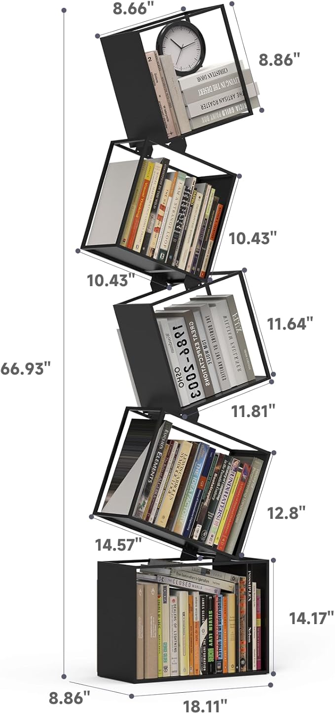 5-Tier Metal Geometric Bookshelf – Modern Narrow Floor Bookcase, Space-Saving Organizer for Living Room, Bedroom, Office, Corner – Black