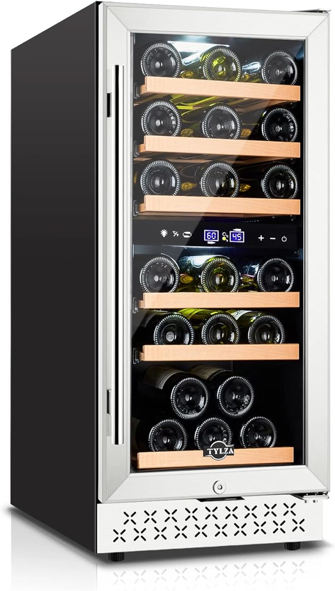 Tylza Mini Fridge 15 Inch Wine Cooler Under Counter, 33 Bottle Dual Zone Wine Fridge with Stainless Steel, Wine Refrigerator Freestanding, Built-in Wine Cellars