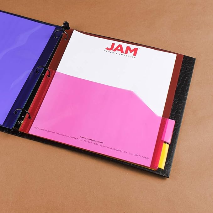 JAM PAPER Plastic Index 5-Tab Dividers w/Double Pockets - 9 3/4 x 11 1/2 - Assorted Multi-Color - 6 Packs of 5 Tabs/Set