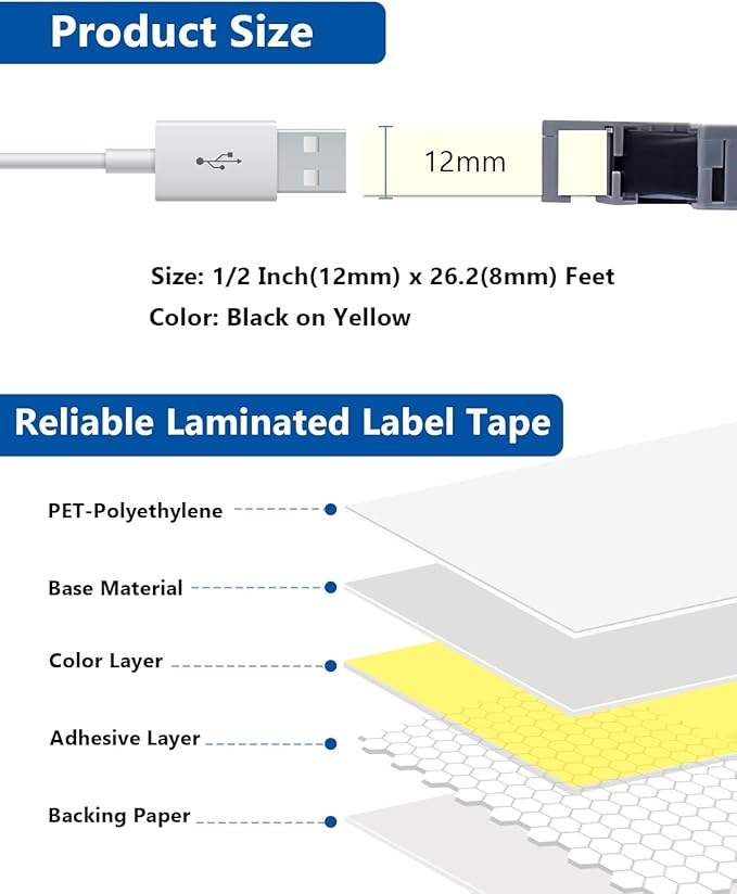 TZe-631 TZ 12mm 0.47 Laminated Black on Yellow Compatible with P Touch Label Tape TZe631 Refills for Ptouch PTH110 PT-D220 D210 D400 D600 H103W 2040 Label Maker, 3-Pack