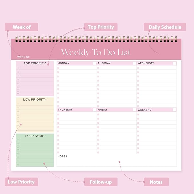 Weekly To Do List Notepad, Undated Planner with 52 Sheets (8.5''x11''), Desk Weekly Planner for Women & Man, Home School & Work (Pink)
