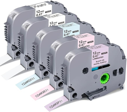 Compatible with Brother P Touch Colored Label Tape TZe 131 231 MQ531 MQP35 MQE35 Pastel Label Maker Tape Made for Brother P-Touch PT-D210 PT-D220 Label Maker, Clear/White/Purple/Pink/Blue