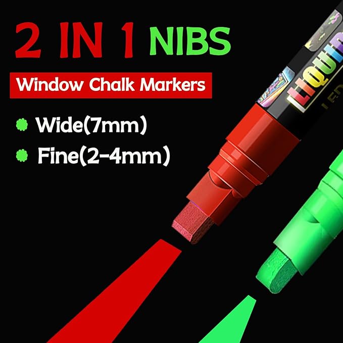 Window Chalk Markers for Cars Glass Washable, 8 Colors Liquid Chalk Marker Pens with 7mm 2 in 1 Nib Wide Tips, Big Chalkboard Markers Car Window pens