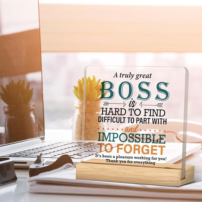 Zauly Best Boss Gifts, Acrylic Desk Sign Decor, 4 x 4 Inches, Modern, White, Brown, Inspirational