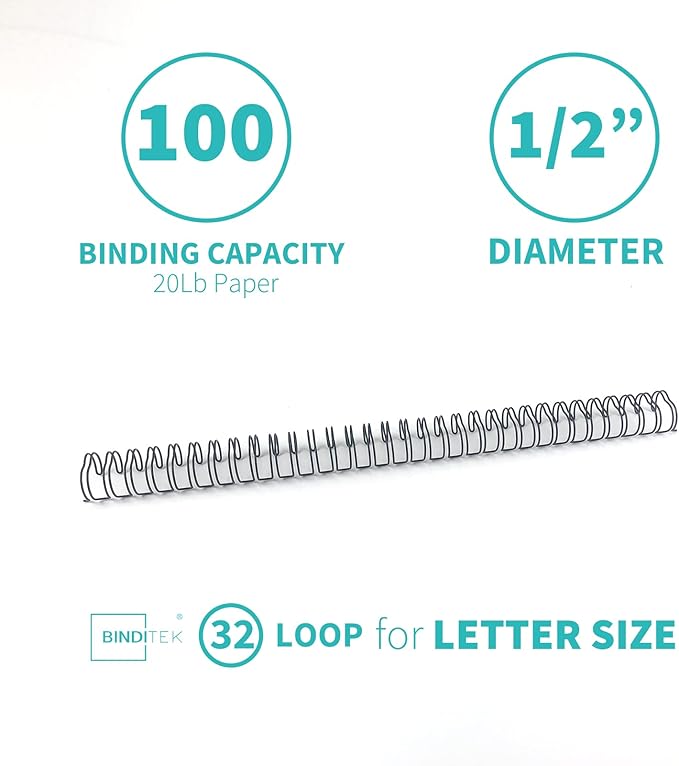 Binditek 100 Pack Double Loop Wire Binding Spines, 1/2Inch Binding Wire for Letter Size, 3:1 Pitch, 100 Sheet Capacity, 32-Loop, Black, for Students and Coworkers