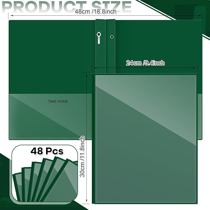 Henoyso 48 Pcs Plastic Folders with Clear Front Pocket and 3 Prong Take Home Plastic 2 Pocket Folder Back to School for Students Parent Teacher Communication for School Office (Dark Green)