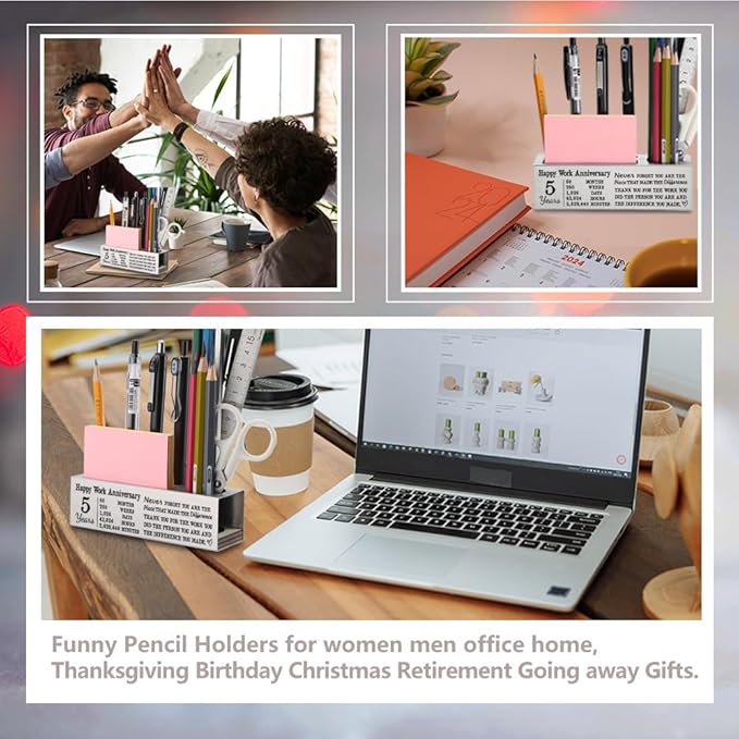 FOKCBOCM 5 year Work Anniversary Plaque gifts for Employee, Thank you Appreciation gifts for Coworkers Staff, 5 year Work Anniversary for Her Him, Happy Work Anniversary Office Pencil Holders-DS97