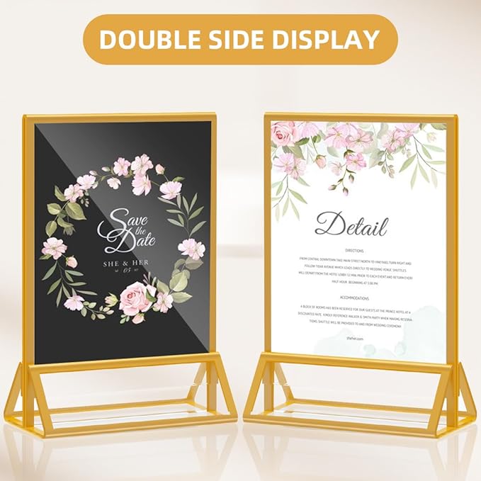 Acrylic Sign Holder 5x7 Gold Picture Frame Clear Acrylic Frames Display Stand Double Sided Table Menu Holders for Wedding Table Numbers Restaurant Photos (8 pcs)