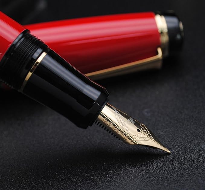 Metal Big Fountain Pen Set Medium Nib 0.7mm, Includes Ink Refill Converter, 5 Ink Cartridges & Gift Box (Medium Nib 0.7mm, Red)
