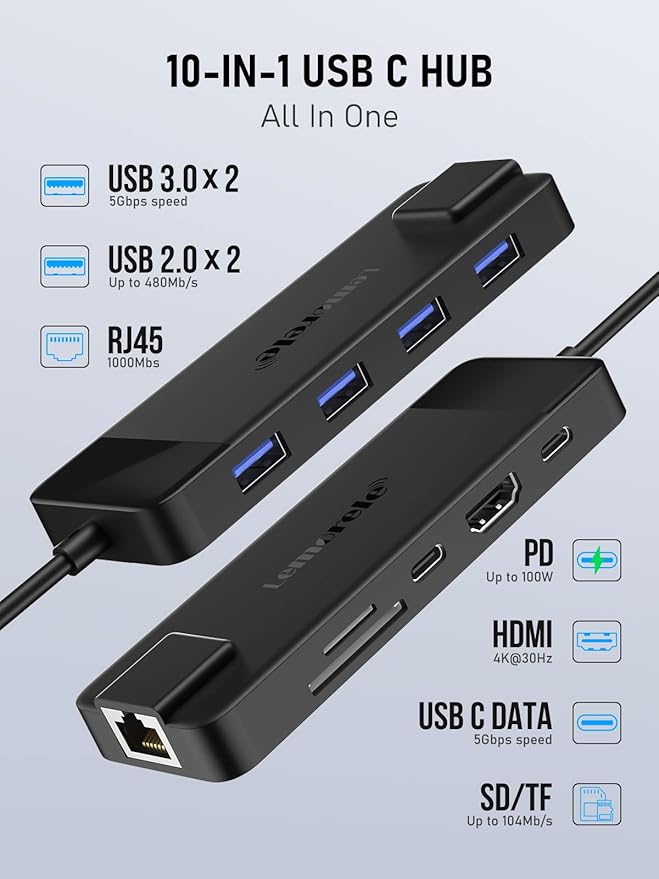 USB C Docking Station - 10 in 1 with Gigabit Ethernet, 4K HDMI, 4*USB A 3.0/2.0, 100w PD, USB-C 3.0, SD/TF USB Hub Multiport Adapter for MacBook Pro/Air