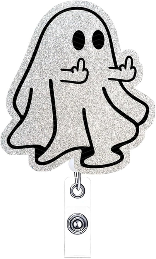 Halloween Badge Reel Funny Middle Finger Ghost Designs Cute Glitter Spooky Acrylic ID Clip Badge Holder with Alligator Clip for Nurse Nursing RN CNA LPN Medical Worker & Office Staff Gift