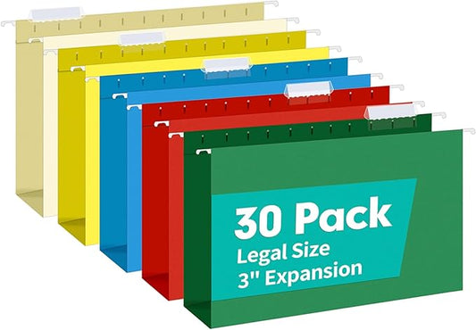 HERKKA Extra Capacity Legal Size Hanging File Folders, 30 Pack Reinforced Legal Size Hanging Folders with Heavy Duty 3 Inch Expansion, Designed for Bulky Files, Medical Charts, Assorted Colors