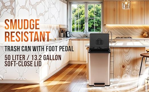 Simpli-Magic 13.2 Gallon (50L) Step Trash Can – Kitchen Garbage Can with Slow-Close Lid – Odor Control, Hands-Free, Easy to Clean, Brushed Stainless Steel (Rose Gold)